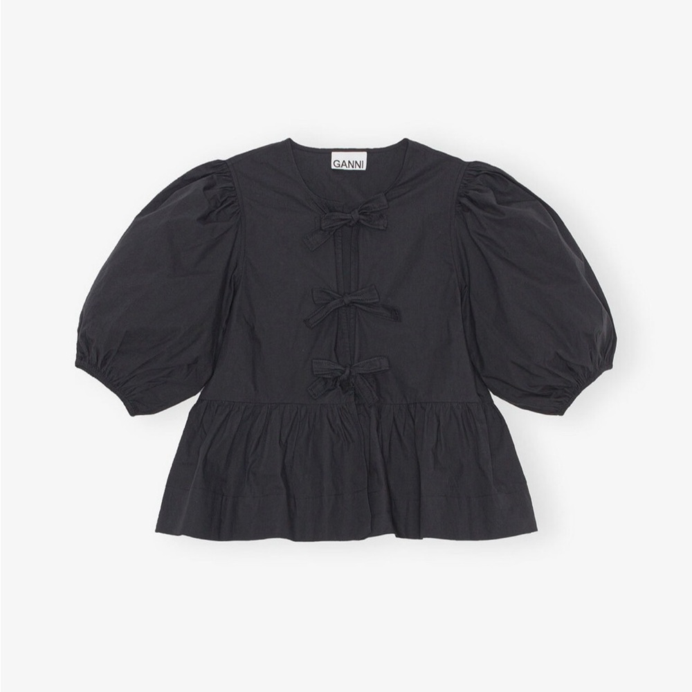 Ganni Black Puff-Sleeve Tie-Front Peplum Top